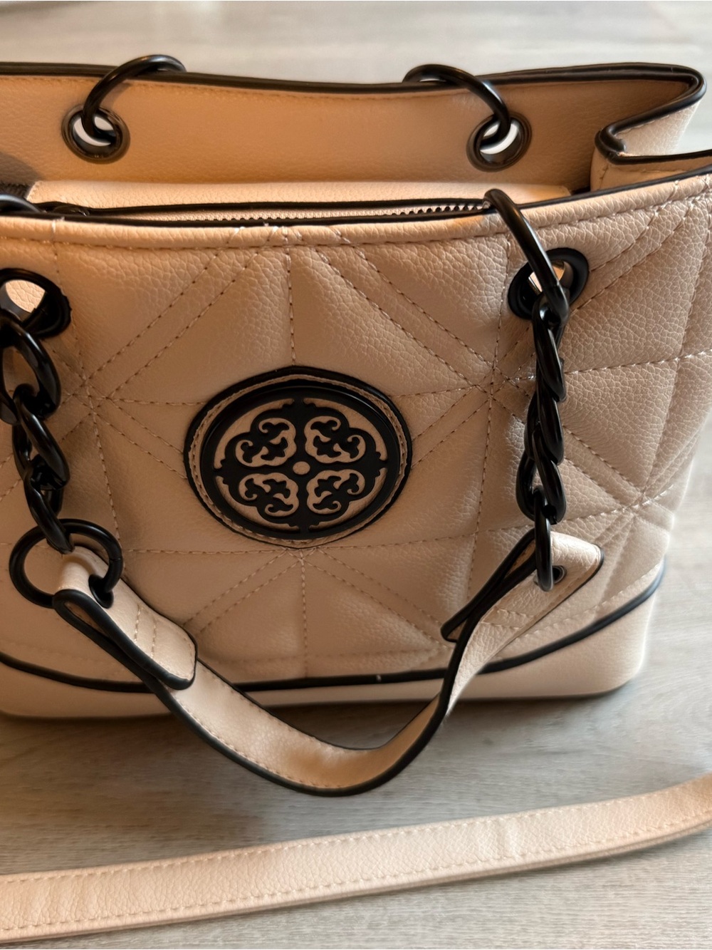 Quilted Cream Tote Bag with Black Trim - Picture 7 of 9